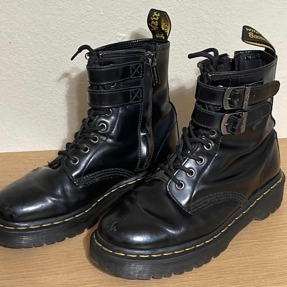 Dr. Doc Martens Double Buckle Smooth Black Leather Zip Side Lace Up sz 7
